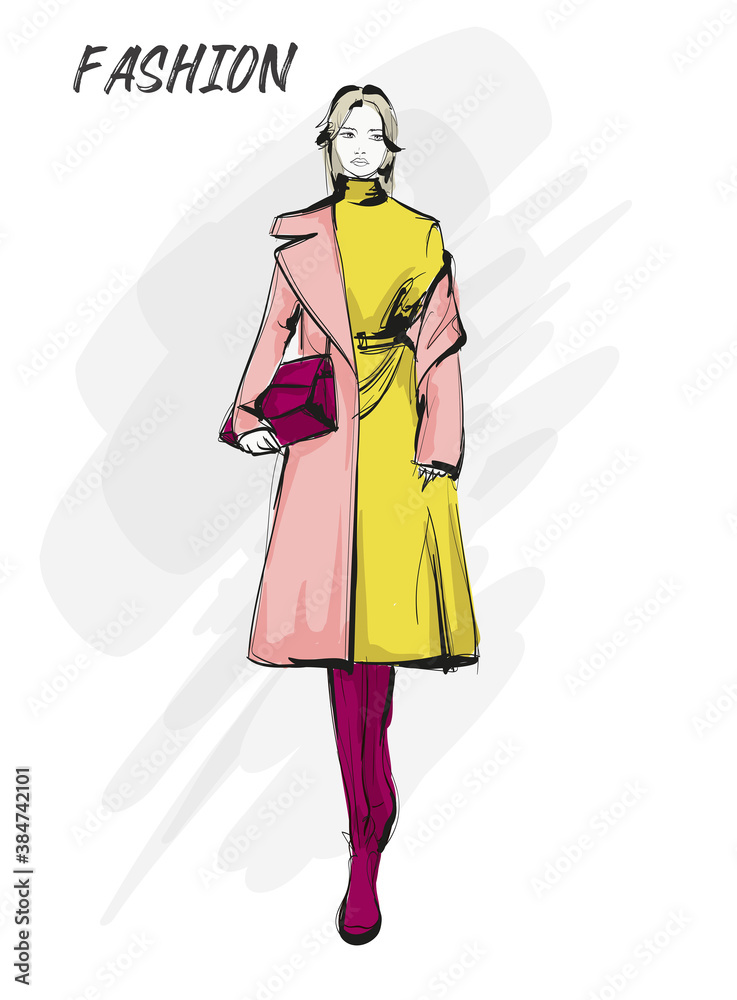 Beautiful young blonde hair woman in autumn coat. Hand drawn fashion girl. Fashion model posing. Sketch. Vector illustration. Fashion woman look. Sketch. Beautiful young blonde hair woman in autumn coat. Hand drawn fashion girl. Fashion model posing. Sketch. Vector illustration. Fashion woman look. Sketch.