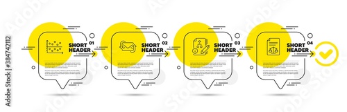 Algorithm, Refresh mail and Dot plot line icons set. Timeline infograph speech bubble. Legal documents sign. Project, New e-mail, Presentation graph. Justice scale. Education set. Vector