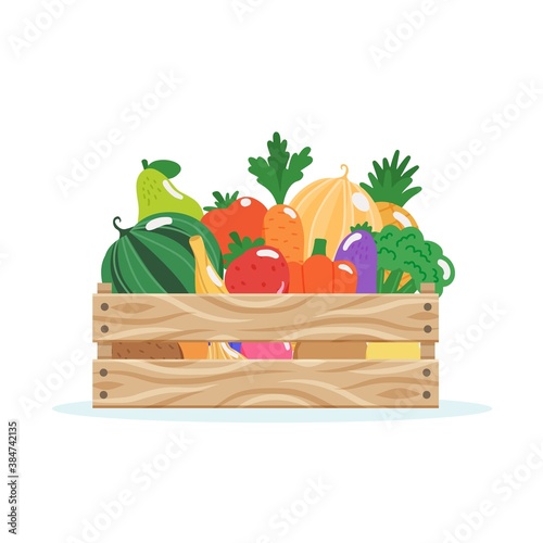 Wooden box with fruits and vegetables, vector illustration in flat style