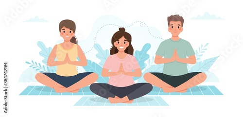 Yoga class. People practicing yoga together. Vector illustration in flat style