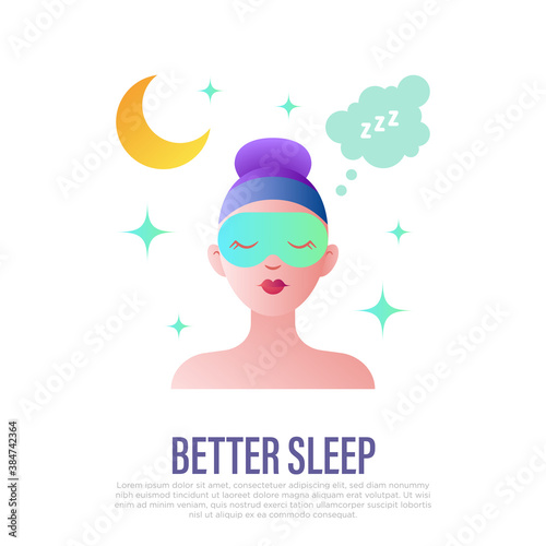 Better sleep: young woman sleeping in eye mask. Flat style. Relaxation, control streem medical recommendation for wellness. Vector illustration.