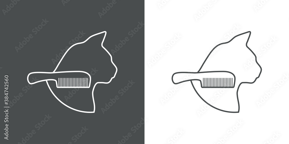 Salón de belleza para mascotas. Logotipo lineal cabeza de gato con cepillo del pelo en fondo gris y fondo blanco