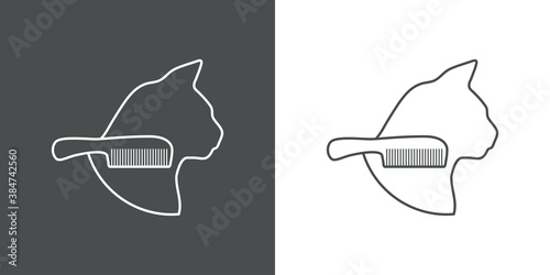 Salón de belleza para mascotas. Logotipo lineal cabeza de gato con cepillo del pelo en fondo gris y fondo blanco