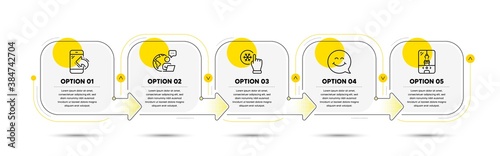 Crane claw machine, Smile face and Incoming call line icons set. Timeline process flowchart. Freezing click sign. Attraction park, Chat, Phone support. Air conditioner. Business set. Vector