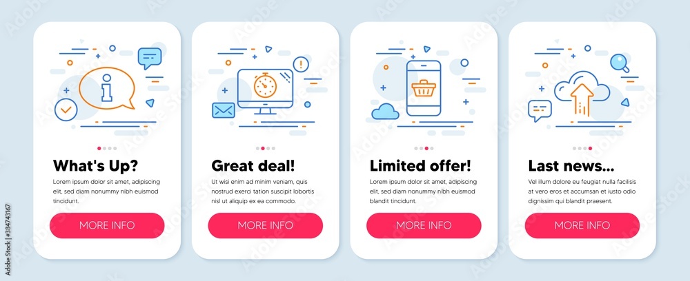 Set of Technology icons, such as Seo timer, Smartphone buying, Information symbols. Mobile screen mockup banners. Cloud upload line icons. Analytics, Website shopping, Info center. Vector