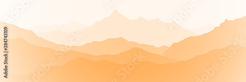 Fantasy on the theme of the morning landscape. Sunrise in the mountains, panoramic view, vector illustration.