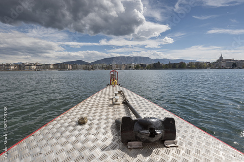 bow of the famous yellow boats on the lake in Geneva, Switzerland