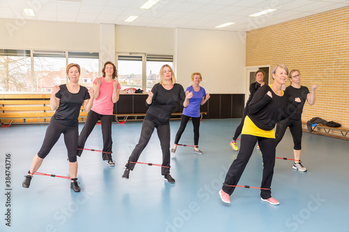 Fototapeta Naklejka Na Ścianę i Meble -  Women training with elastics in gym class