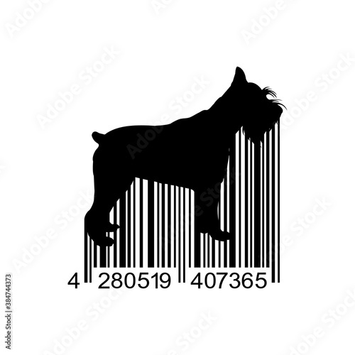 Tienda de mascotas. Icono plano código de barras con silueta de perro schnauzer en color negro
