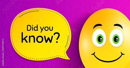 Did you know. Easter egg with smile face. Special offer question sign. Interesting facts symbol. Easter smile character. Did you know speech bubble. Yellow egg background. Vector