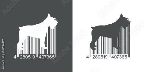 Tienda de mascotas. Icono plano código de barras con silueta de perro schnauzer en fondo gris y fondo blanco