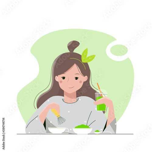 Cute cartoon girl drinking matcha tea. Stylish pretty young woman with a fashionable hairstyle enjoyed fresh smoothy. Vector illustration.