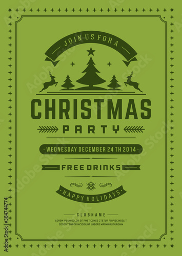 Christmas party flyer invitation design vintage typography and decoration elements vector illustration.
