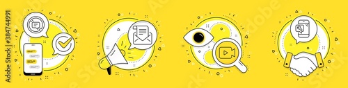 Stop talking, Mail newsletter and Video camera line icons set. Cell phone, megaphone and deal vector icons. Phone repair sign. Do not talk, Open e-mail, Movie or cinema. Spanner service. Vector
