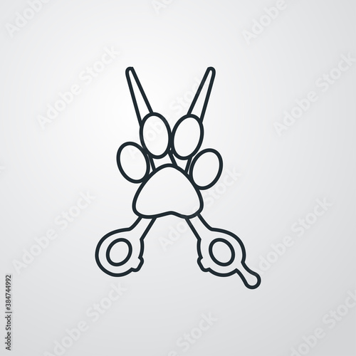 Peluquería de mascotas. Logotipo lineal con tijera de peluquero y zarpa de perro en fondo gris