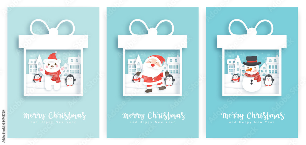 Set of Christmas cards  and new year greeting cards with a cute Santa clause, polar , snowman in the snow village.