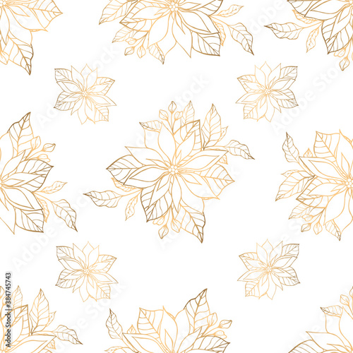 Hand drawn seamless pattern with golden bouquet of poansettia. Vector illustration