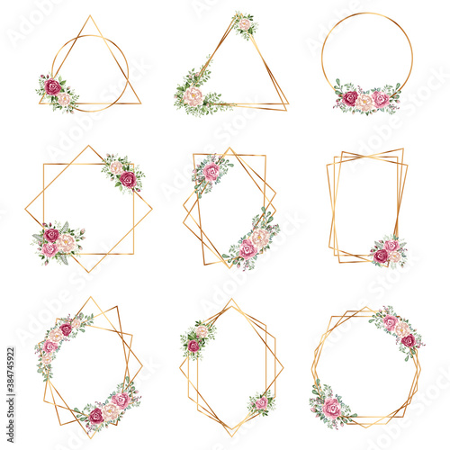 Botanical Gold geometrical polyhedron, floral art deco style. Luxury geometrical polyhedron, wedding invitation deco style design