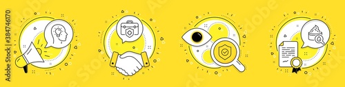 Idea head, Security shield and Medical insurance line icons set. Megaphone, licence and deal vector icons. Moisturizing cream sign. Lightbulb, Cyber protection, Risk coverage. Face lotion. Vector