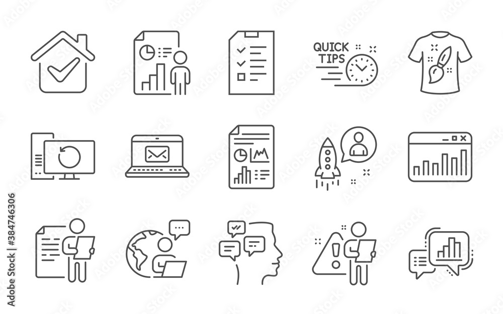 Job interview, Startup and Interview line icons set. Graph chart, Business report and E-mail signs. T-shirt design, Report document and Messages symbols. Line icons set. Vector