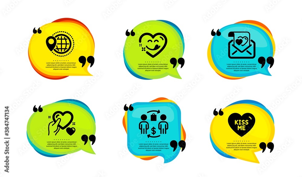 Yummy smile, World travel and Hold heart icons simple set. Speech bubble with quotes. Buying process, Love letter and Kiss me signs. Comic heart, Map pointer, Care love. Vector