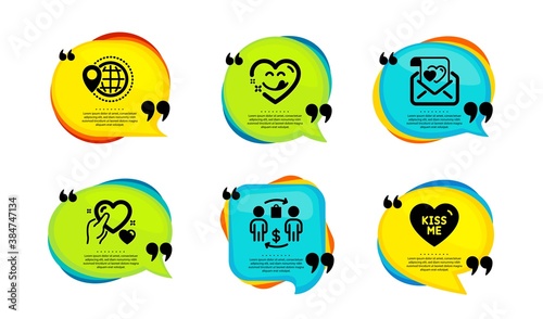 Yummy smile, World travel and Hold heart icons simple set. Speech bubble with quotes. Buying process, Love letter and Kiss me signs. Comic heart, Map pointer, Care love. Vector