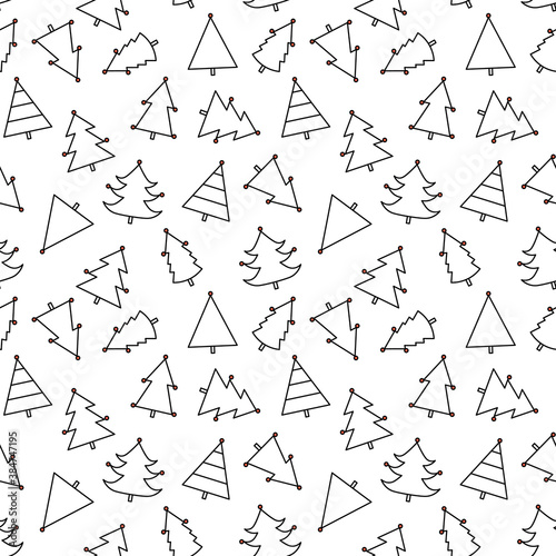 Seamless pattern with Christmas tree with toys. Red and white silhouette with black line.