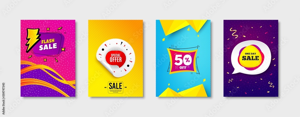 Special offer, Sale 50% and Flash sale promo label set. Sticker template layout. Label tag, Discount label, Lightning bolt. Banner shape. Promotional tag set. Speech bubble banner. Vector