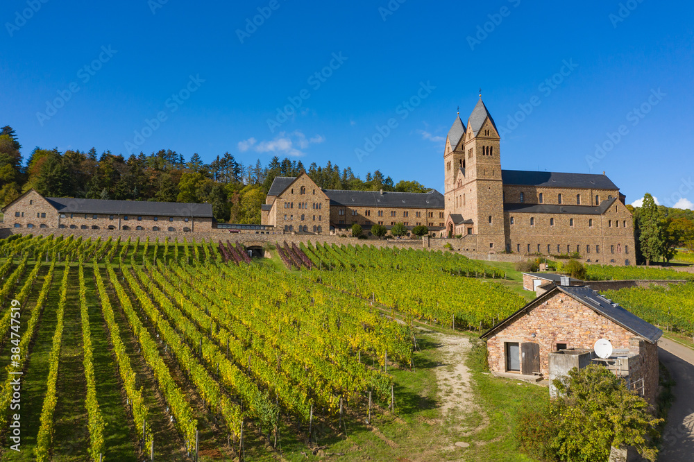 Aerial view of the St. Hildegard Abbey near Ruedesheim / Germany in the Rheingau in autumn