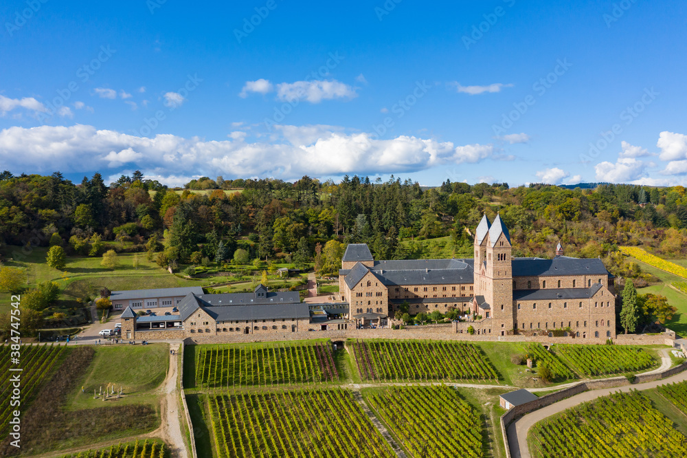 Aerial view of the St. Hildegard Abbey near Ruedesheim / Germany in the Rheingau in autumn