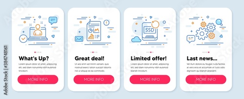 Set of Science icons, such as Recovery ssd, Best manager, Report document symbols. Mobile screen app banners. Cogwheel line icons. Backup info, Best developer, Growth chart. Engineering tool. Vector