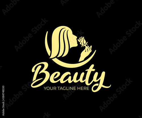 Beauty salon and beauty spa, woman sniffing flower, logo design. Cosmetics, peeling, makeup and fashion, vector design and illustration