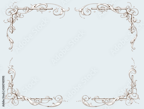 Elegant vintage border frame. Decorative element in the style of vintage engraving with Baroque ornament
