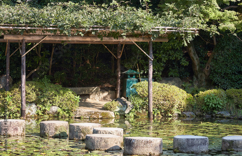 Garyu Bridge through the Soryu-ike pond in the Middle garden of  Heian-jingu Shrine. Kyoto. Japan photo