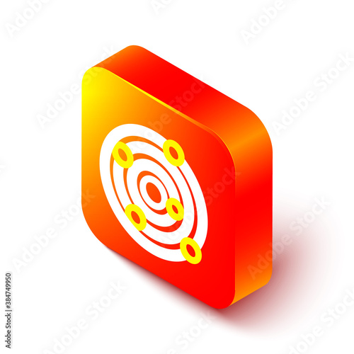 Isometric line Solar system icon isolated on white background. The planets revolve around the star. Orange square button. Vector.