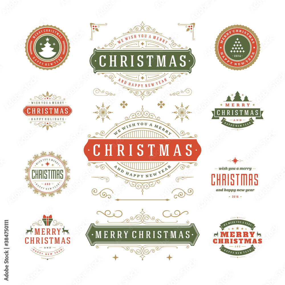Christmas sayings labels and badges vector design elements set