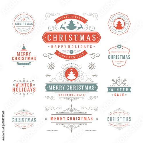 Christmas sayings labels and badges vector design elements set