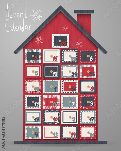 Advent calendar, wood house with box. Wooden texture. Merry Christmas poster. Holiday design, decor. Vector illustration.