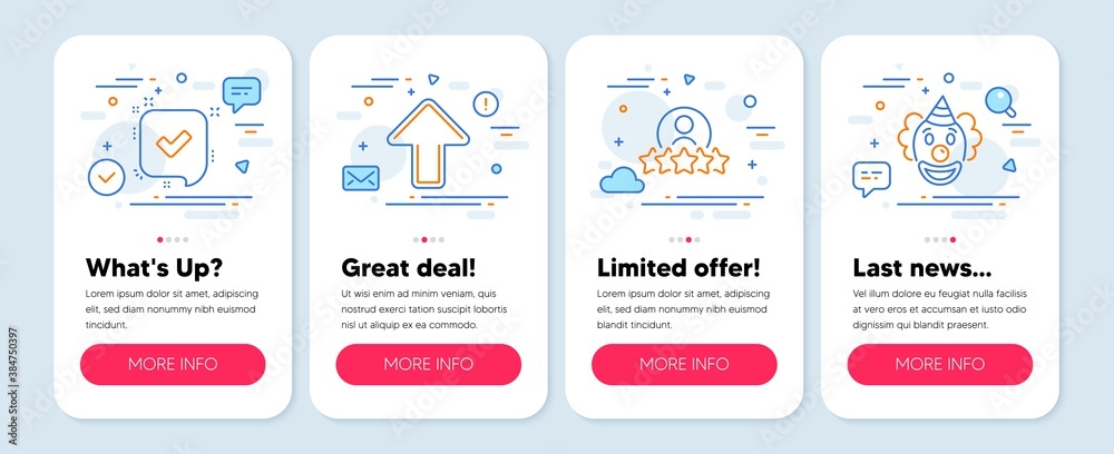 Set of Business icons, such as Upload, Human rating, Confirmed symbols. Mobile screen banners. Clown line icons. Load arrowhead, Best employee, Accepted message. Funny performance. Vector