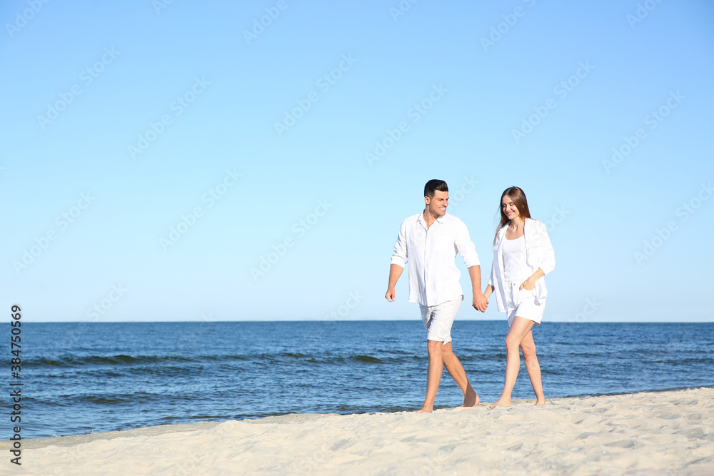 Lovely couple walking on beach. Space for text