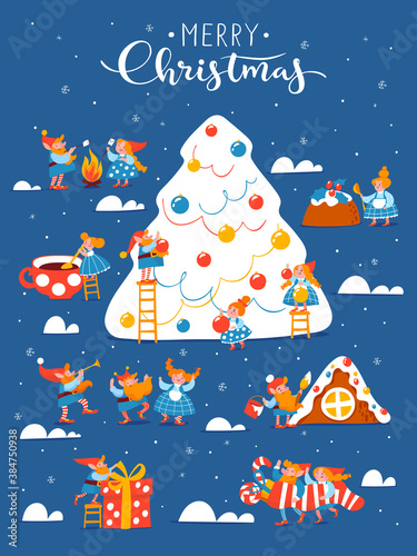 Cartoon Christmas hygge card with funny gnomes and lettering and Christmas tree.