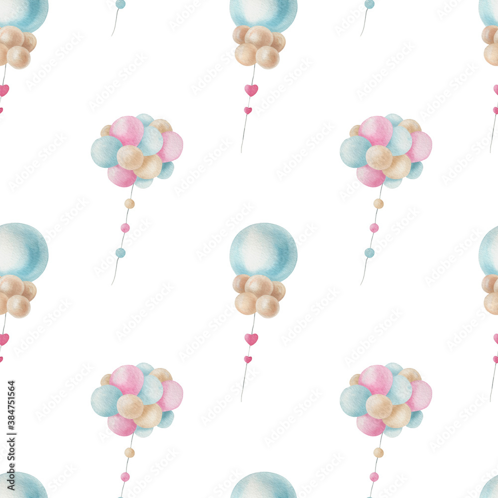 Watercolor cute balloon pattern on the light background. Bright kids illustration with isolated elements. Watercolor cute balloon pattern on the light background. Bright kids illustration with isolated elements.