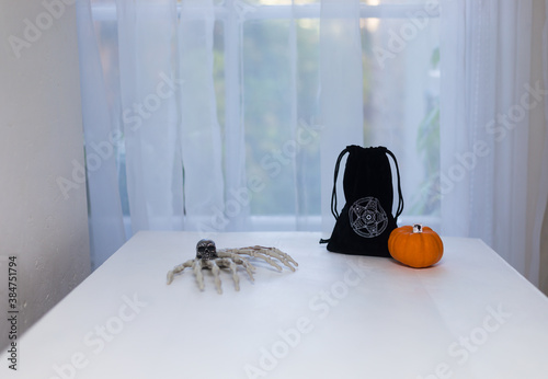 Spooky Set of Magic or Halloween Preparation on White Wooden Table in Twilight Time - Still Life Creative Composition, Copy Space. Mystic Tools of Wizard. 