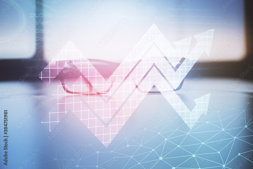 Arrows drawing up with glasses on the table background. Concept of business growth. Double exposure. Arrows drawing up with glasses on the table background. Concept of business growth. Double exposure.