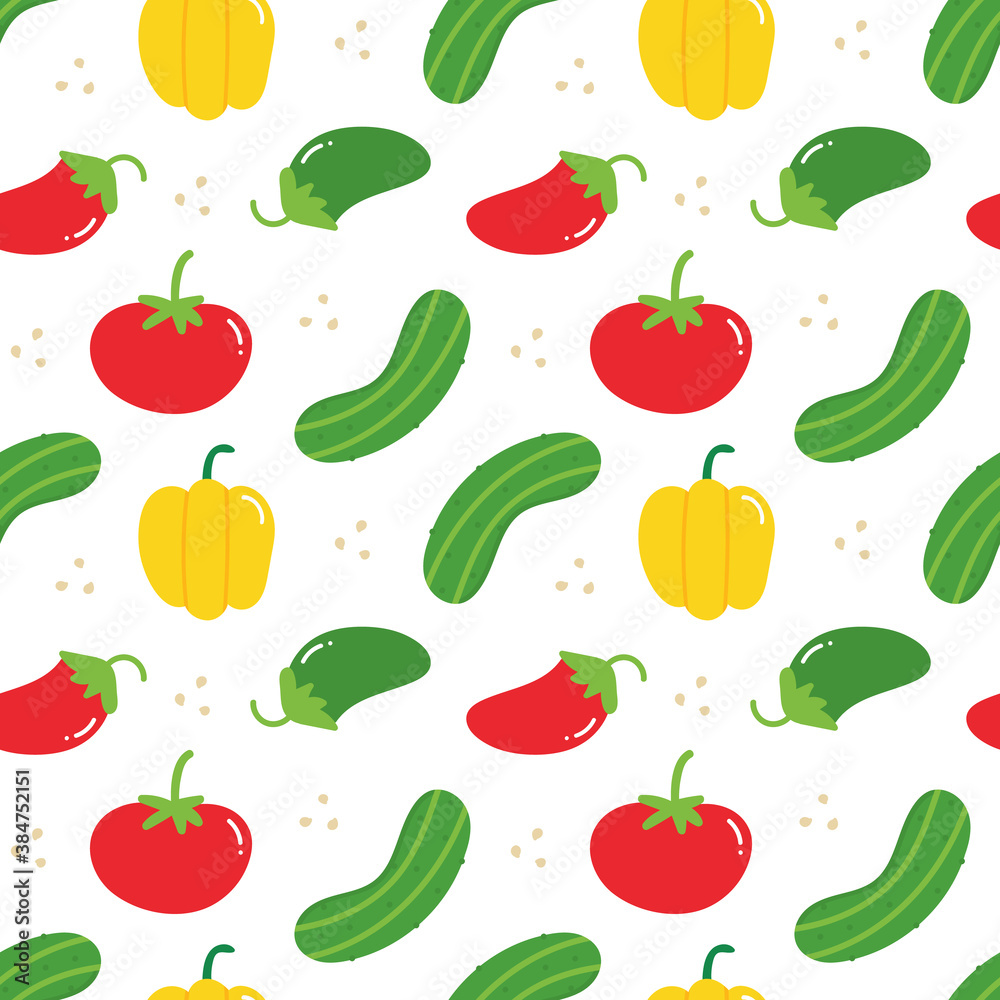Tomato, cucumber, pepper vegetables vector seamless pattern background for vegan food, healthy eating design.
Tomato, cucumber, pepper vegetables vector seamless pattern background for vegan food, healthy eating design.