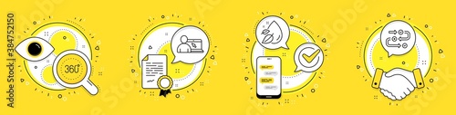 Water drop, 360 degrees and Online education line icons set. Licence, cell phone and deal vector icons. Survey progress sign. Serum oil, Panoramic view, Internet lectures. Algorithm. Vector