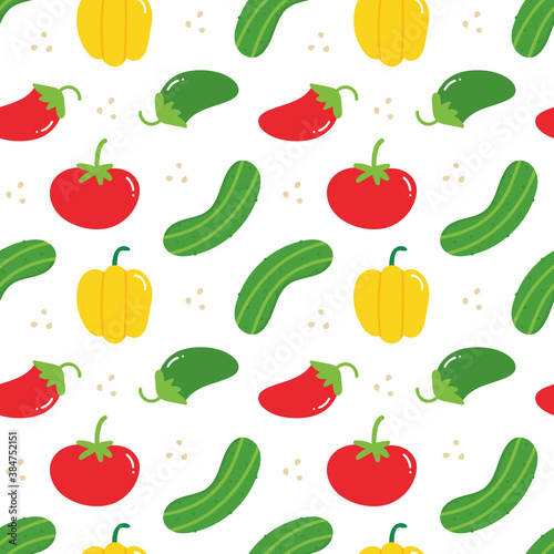 Tomato, cucumber, pepper vegetables vector seamless pattern background for vegan food, healthy eating design. 