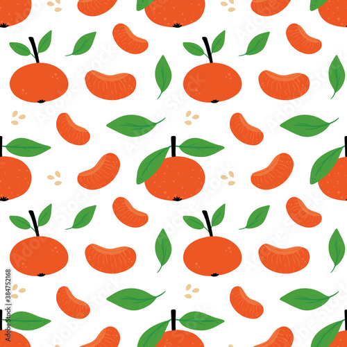 Cute cartoon style tangerine, clementine, mandarin orange fruit with leaves, slices and seeds vector seamless pattern background.