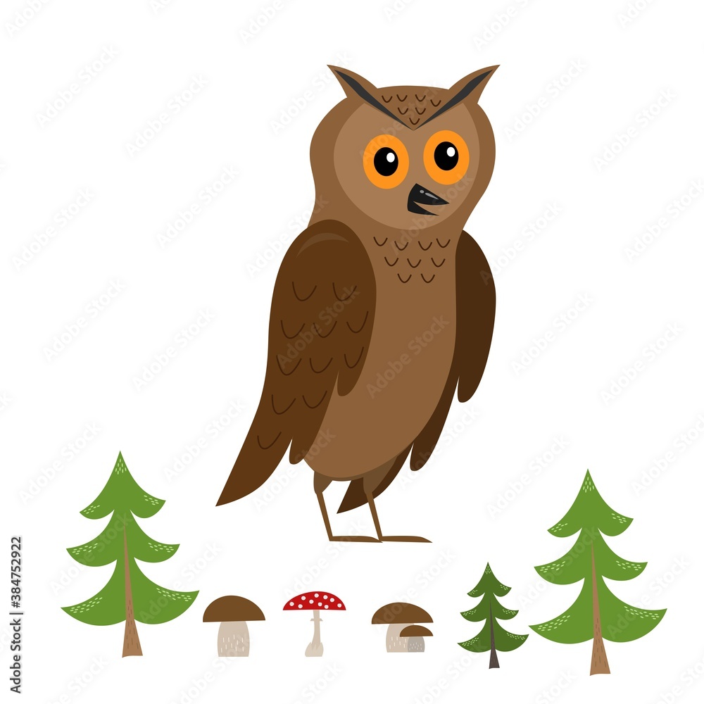 funny owl with forest elements (tree, mushroom) isolated on white background, cute vector illustration for children