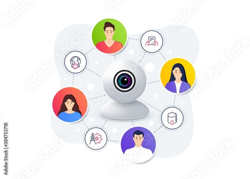 Set of Business icons, such as Global business, Drop counter, Receive file symbols. Web camera remote streaming. Online video conference banner. Cogwheel dividers line icons. Vector
